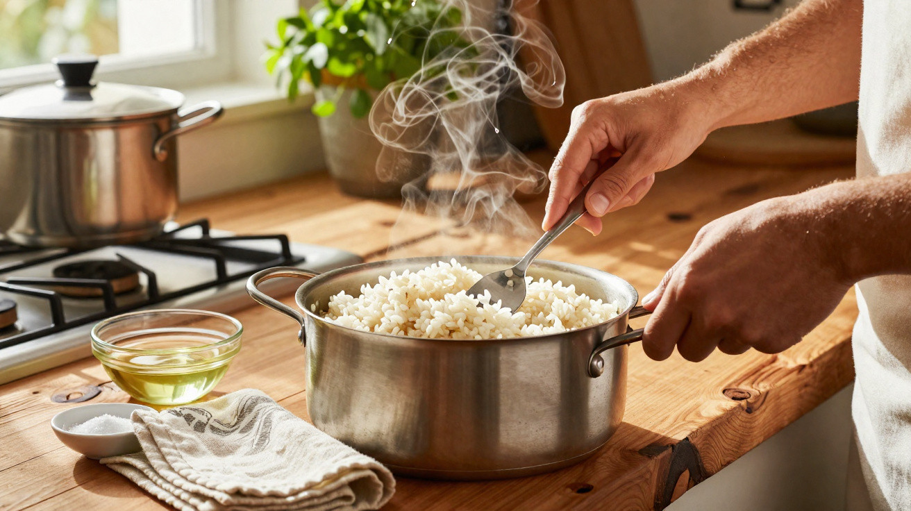 Pessoa mexendo arroz quente em panela de inox sobre bancada de madeira próxima ao fogão.