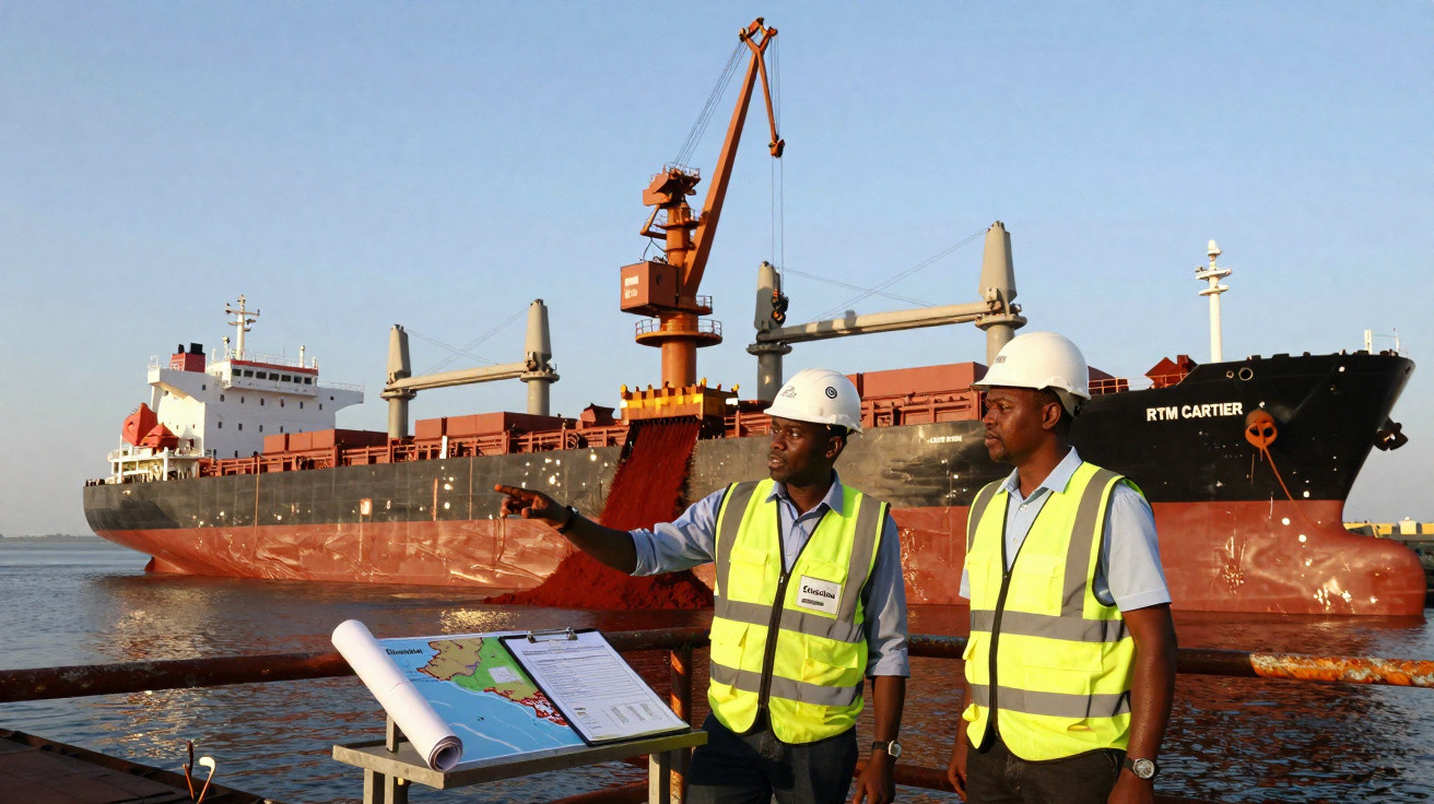 Dois homens com coletes e capacetes de segurança inspecionam mapa e documentos perto de navio cargueiro no porto.
