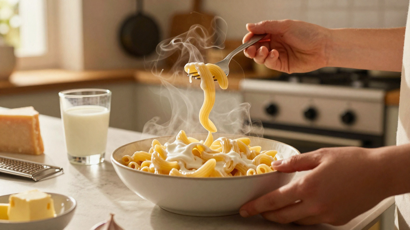 Pessoa segurando um prato de macarrão com molho cremoso e vapor saindo em uma cozinha.