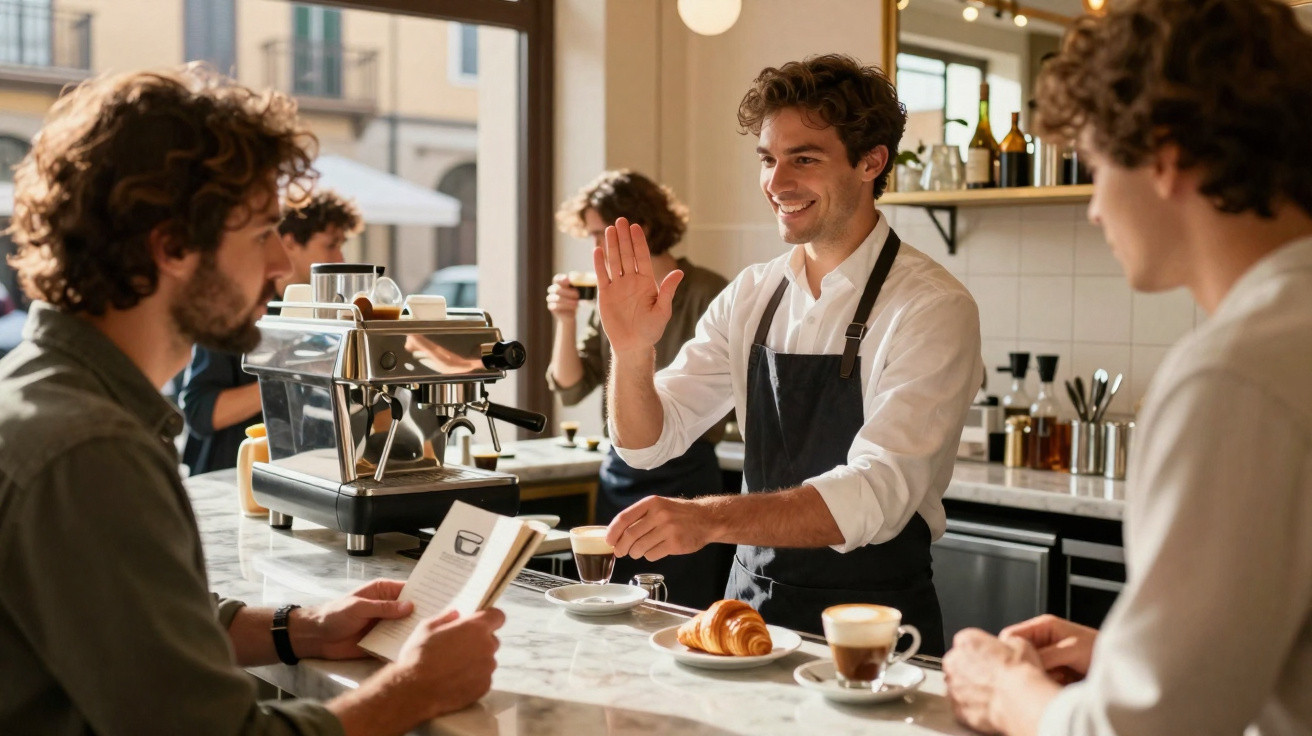 Barista com avental sorridente cumprimenta cliente enquanto serve café em cafeteria iluminada.