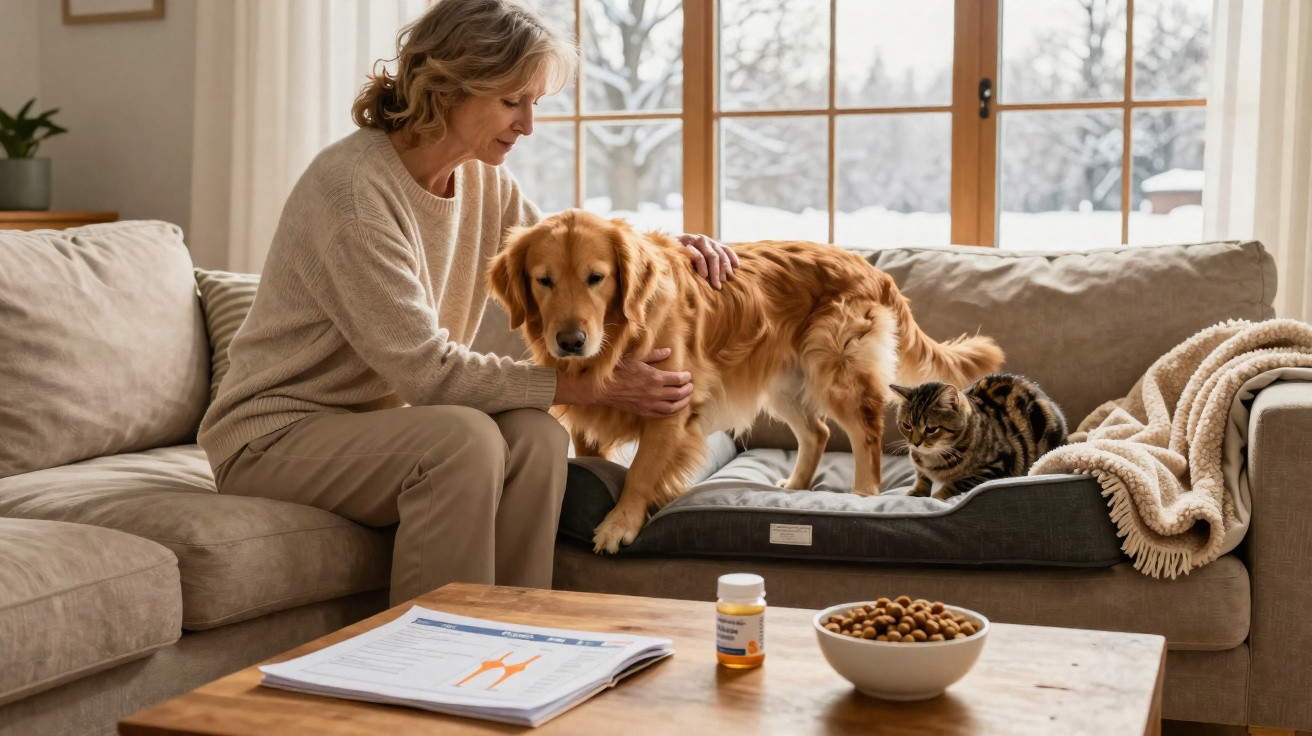 Mulher abraça cachorro golden retriever no sofá com gato ao lado, perto de mesa com remédio e alimento.