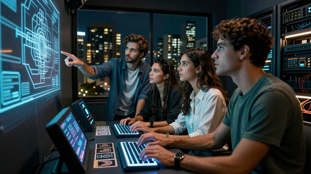 Equipe jovem analisando dados digitais em telas futuristas dentro de uma sala de servidores à noite.