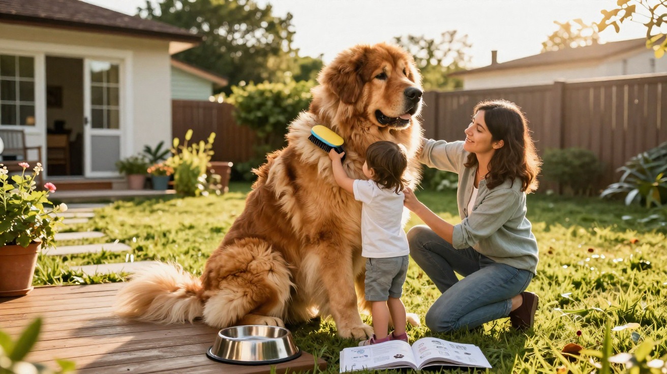 Criança e mulher escovam grande cachorro marrom no jardim durante dia ensolarado.