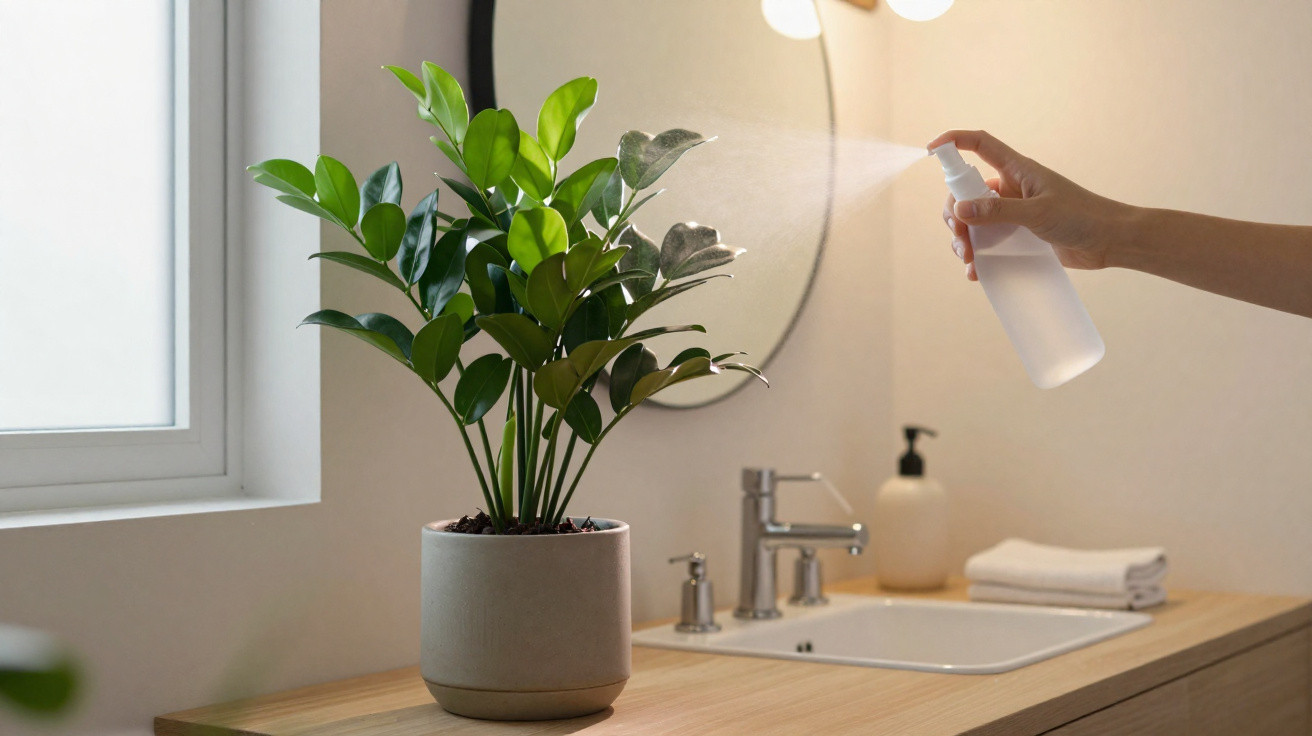 Pessoa borrifando água em planta verde dentro de vaso cinza em banheiro iluminado por janela.