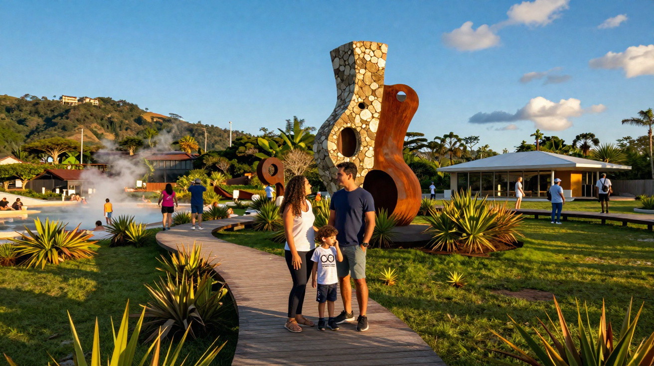 Família em parque com esculturas e vapor saindo de lago ao entardecer.