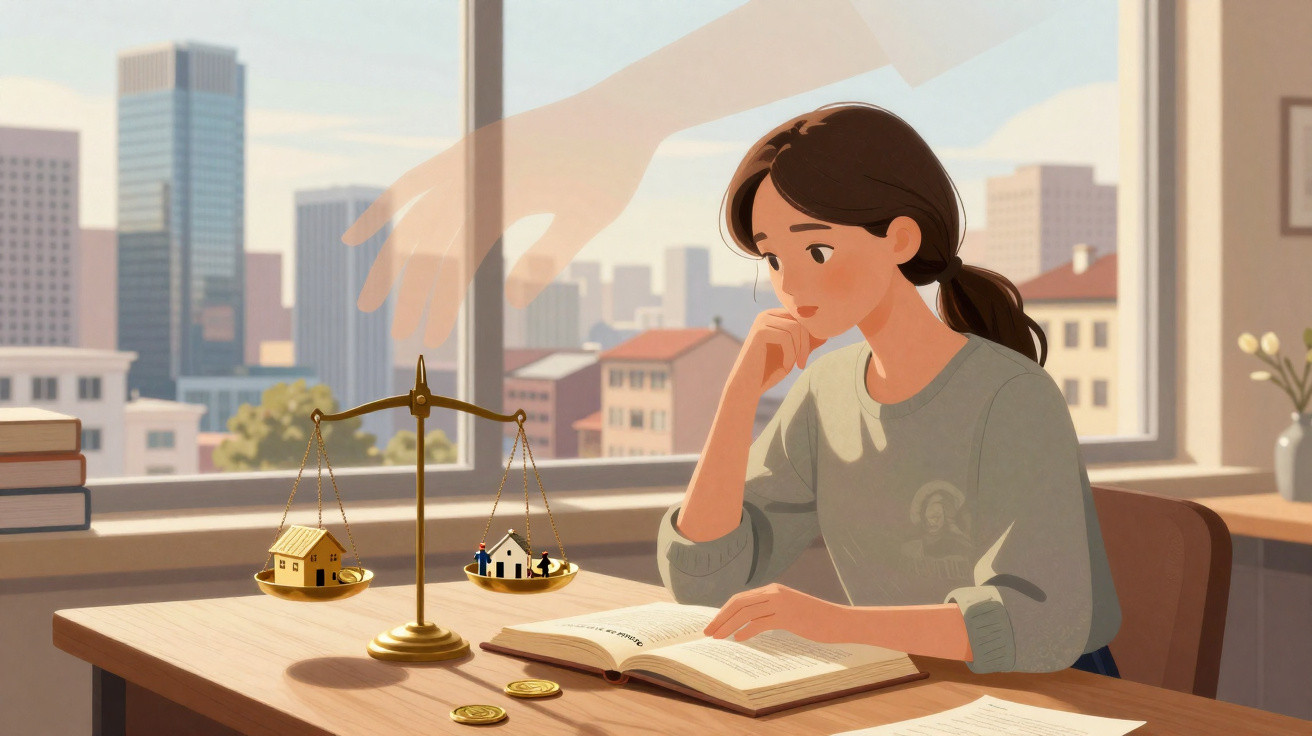 Mulher sentada lendo livro, balança com casas em miniatura sobre mesa em ambiente iluminado pela cidade.