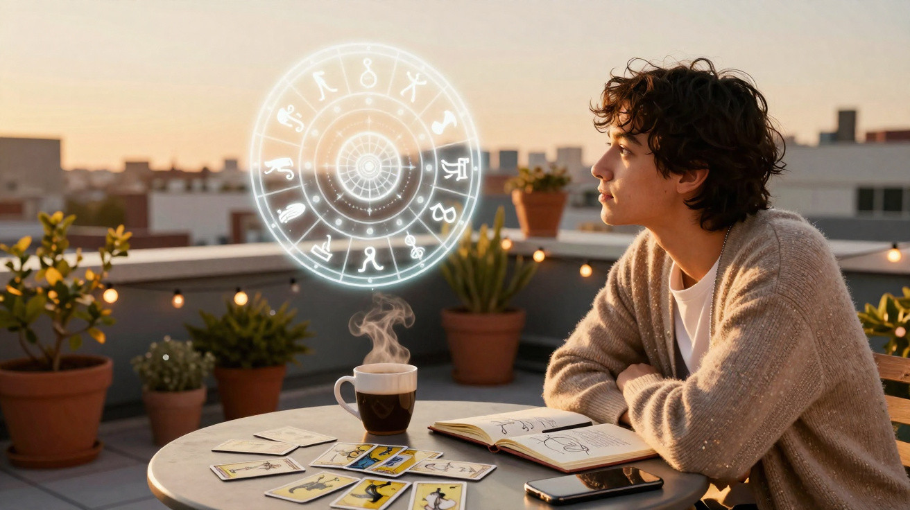 Pessoa observa horizonte em varanda com cartas de tarô, caderno, café e círculo zodiacal holográfico flutuante.