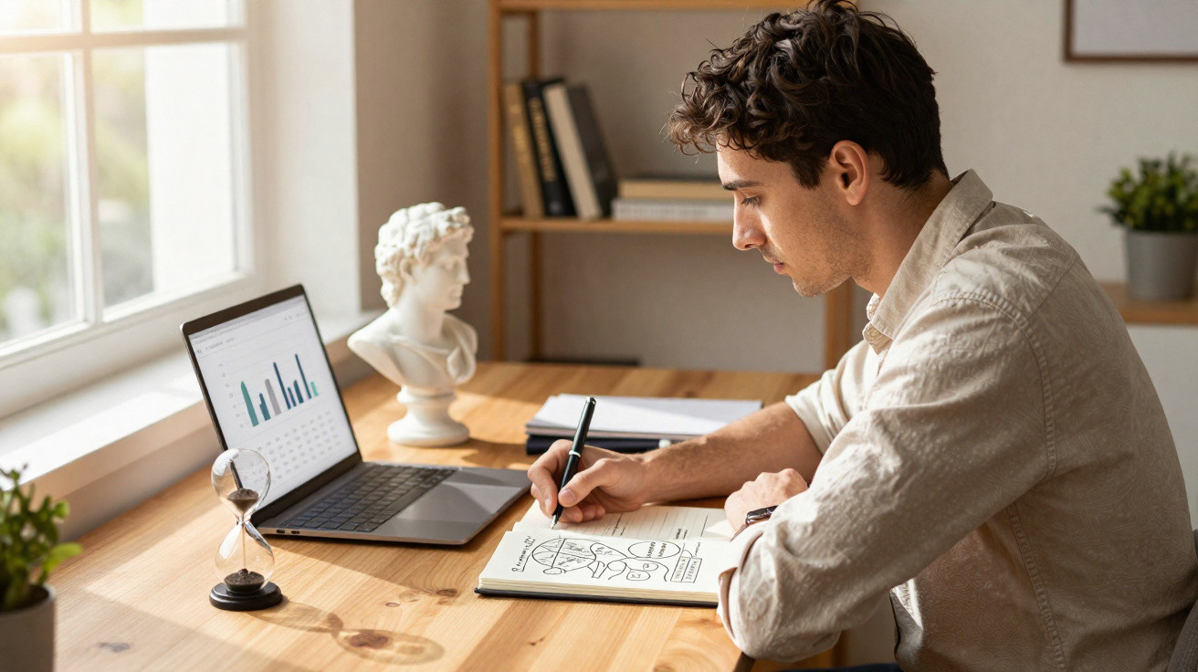 Homem escrevendo em caderno ao lado de laptop com gráficos, ampulheta e busto de escultura em mesa de madeira.