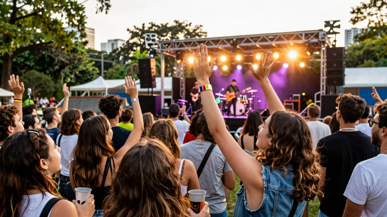 Público animado com braços erguidos em show ao ar livre durante o pôr do sol.