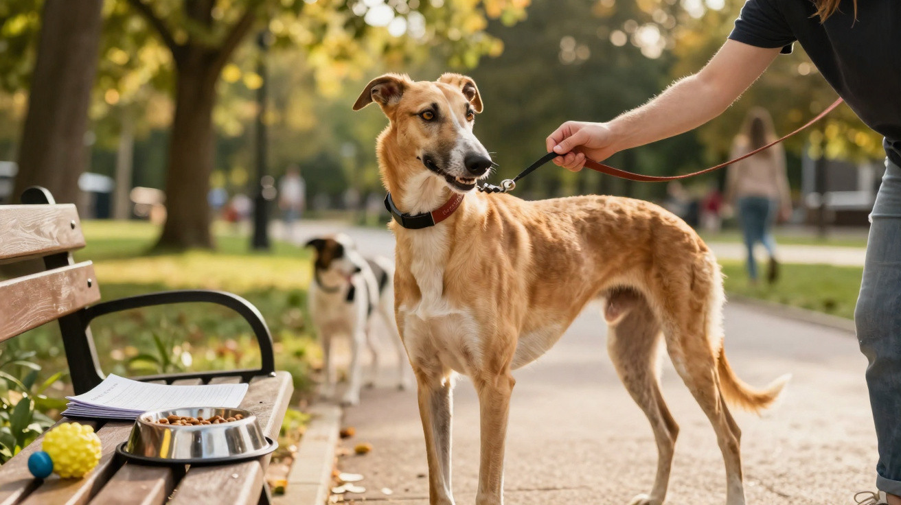 Cachorro bege claro com coleira em parque, segurado na guia por pessoa, próximo a banco com comedouro e brinquedos.