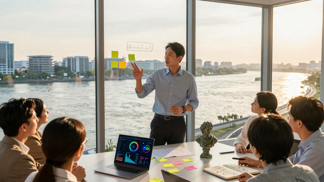 Reunião de trabalho com homem apresentando ideias em post-its para equipe em sala com vista para rio e cidade.