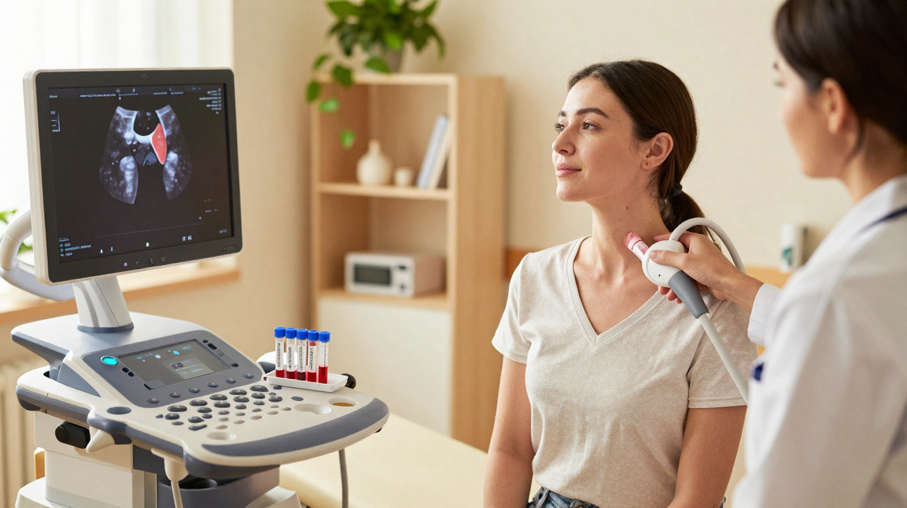 Médica realiza exame de ultrassom na região do pescoço de paciente jovem em consultório moderno.