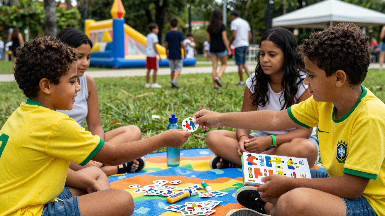 Crianças brincando em grupo no chão de parque, duas usam camisa amarela com a seleção do Brasil.