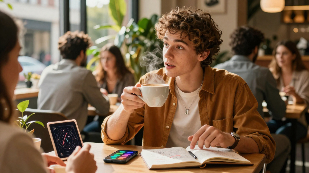 Jovem sentado em café com notebook e celular, segurando xícara de café quente e conversando.