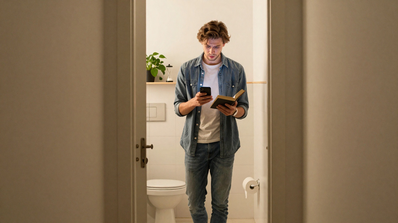 Homem em banheiro usando celular e segurando livro, visto pela porta semiaberta.