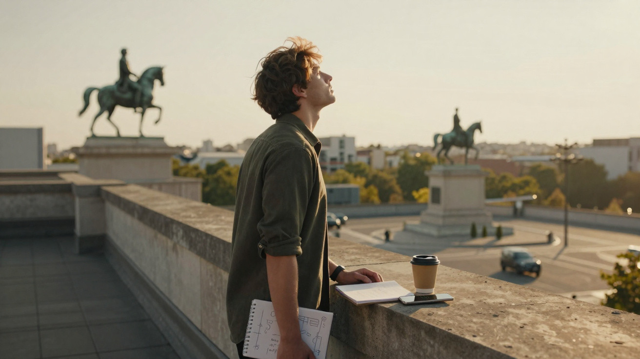 Jovem olhando para cima no terraço com caderno, café e estátuas equestres ao fundo ao pôr do sol.