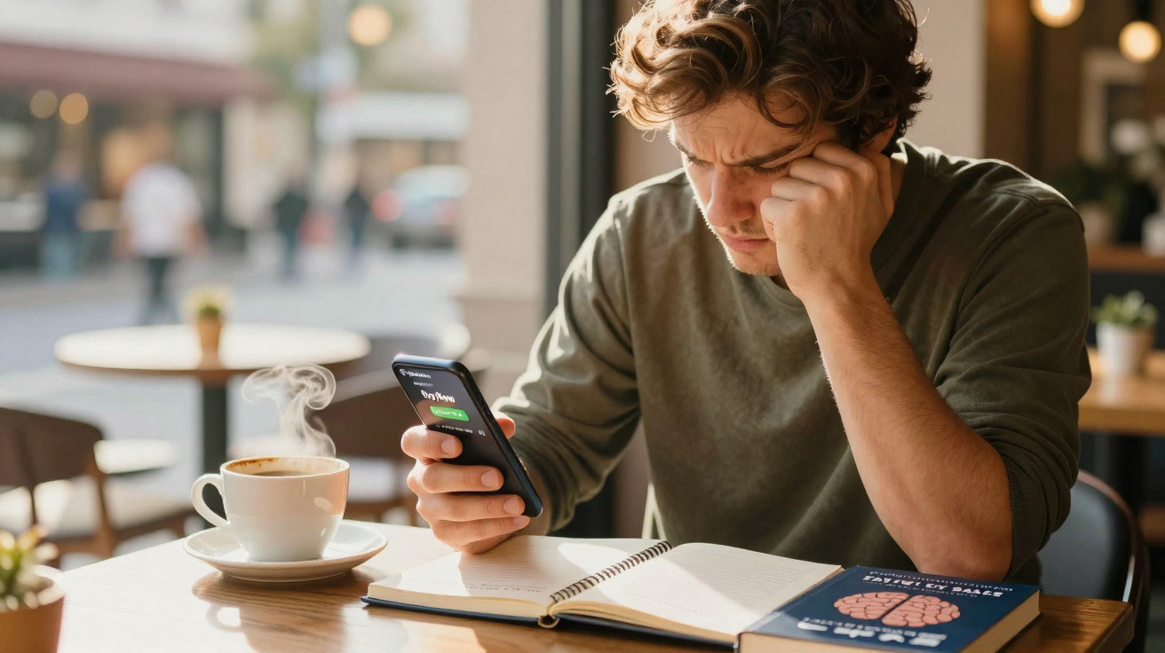 Homem preocupado lendo mensagem no celular em cafeteria, com café e livros sobre a mesa.