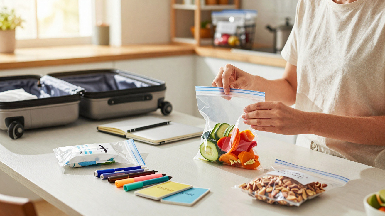 Pessoa organizando snacks saudáveis em sacos plásticos reutilizáveis em uma mesa com mala aberta ao fundo.