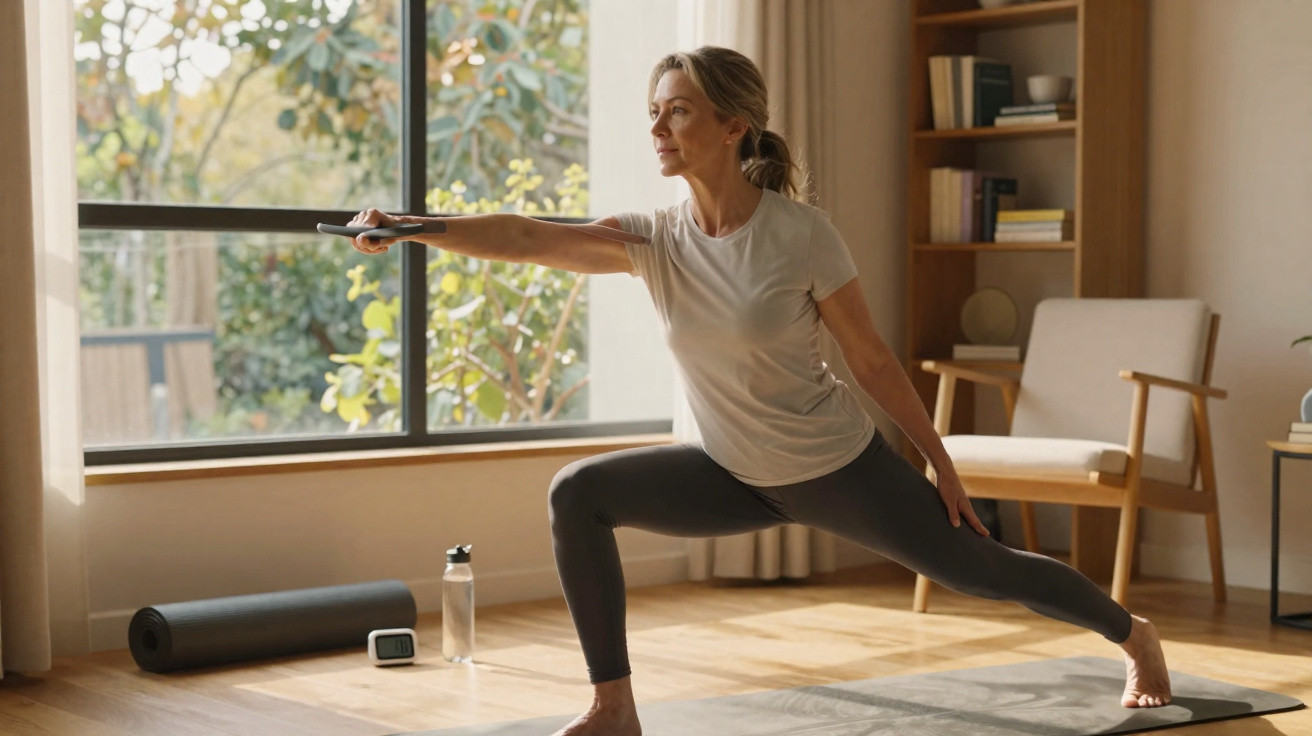 Mulher fazendo alongamento com bastão em sala iluminada, em tapete de yoga, perto de janela grande.