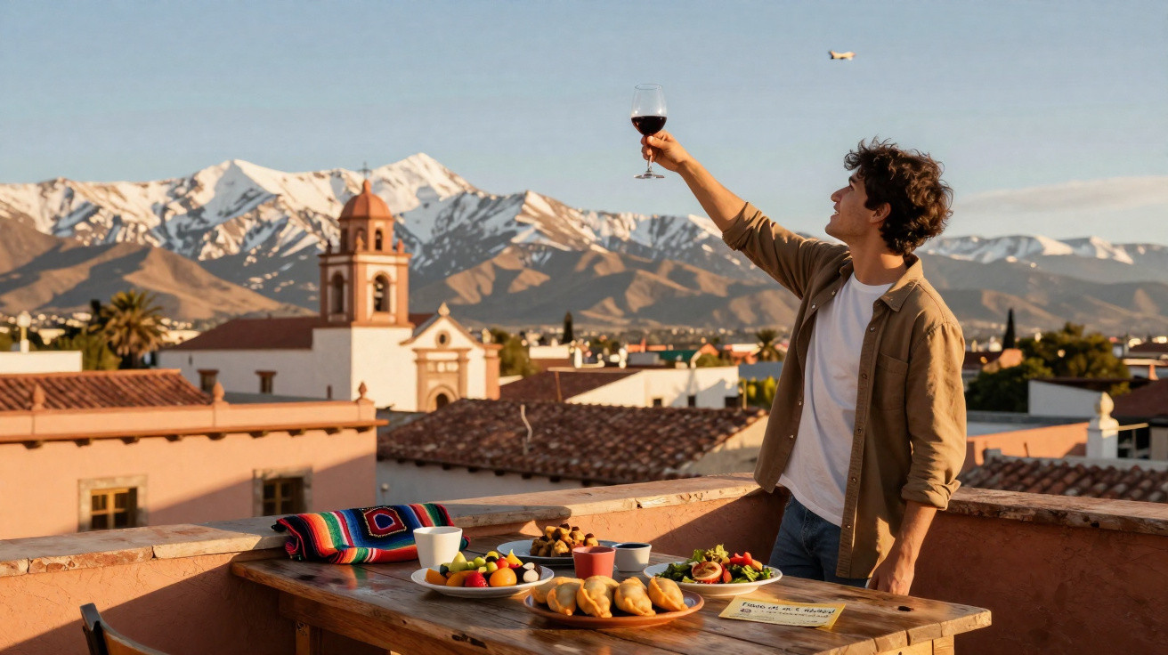 Homem jovem brindando com taça de vinho em varanda com mesa de petiscos e montanhas nevadas ao fundo.