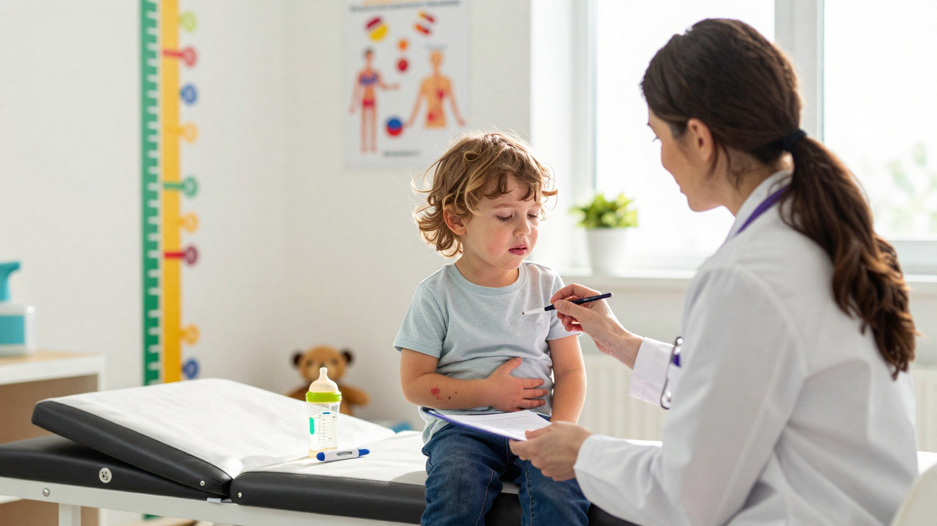Médica consulta menino com manchas vermelhas no braço em clínica pediátrica iluminada.