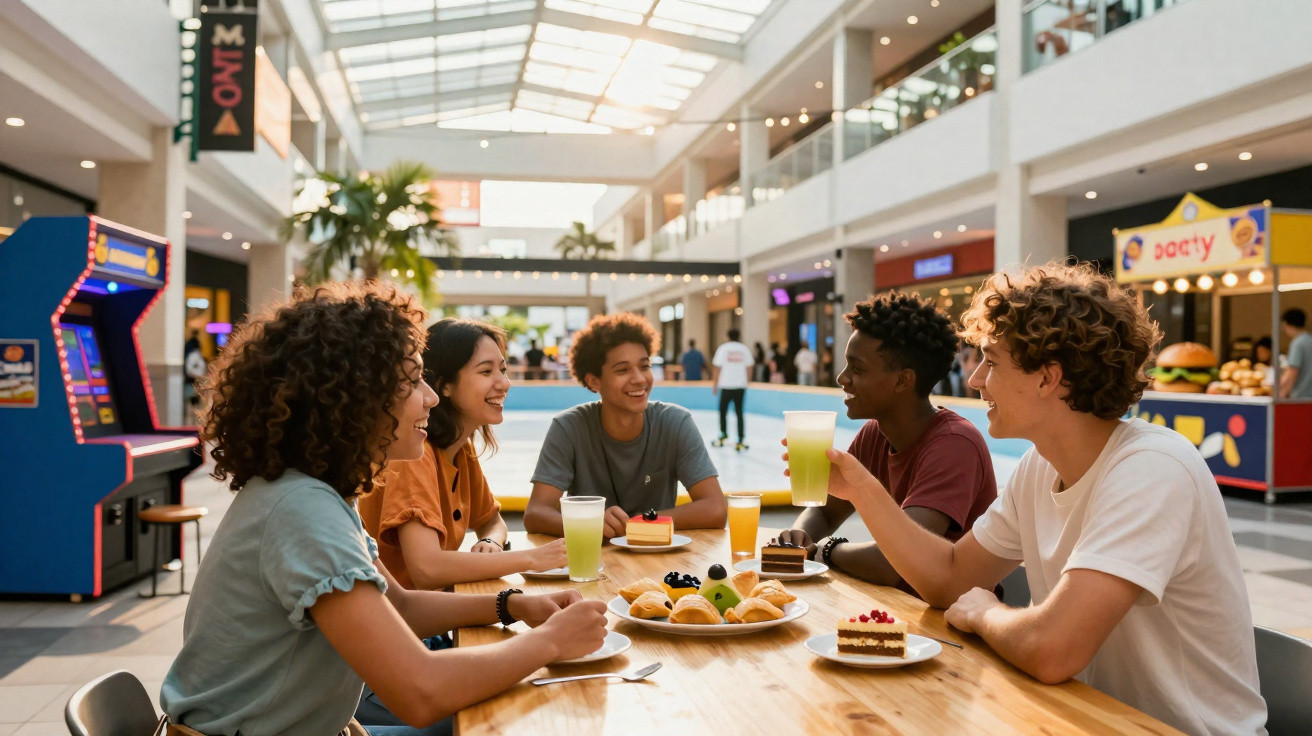Grupo de jovens sorrindo e conversando enquanto comem doces e bebem em uma praça de alimentação.