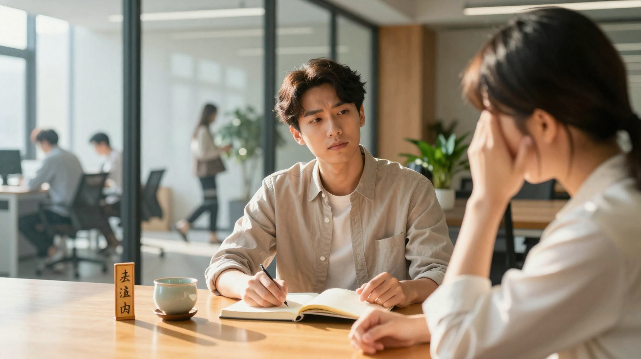 Jovem escrevendo em caderno enquanto conversa com mulher preocupada em mesa de escritório moderno.