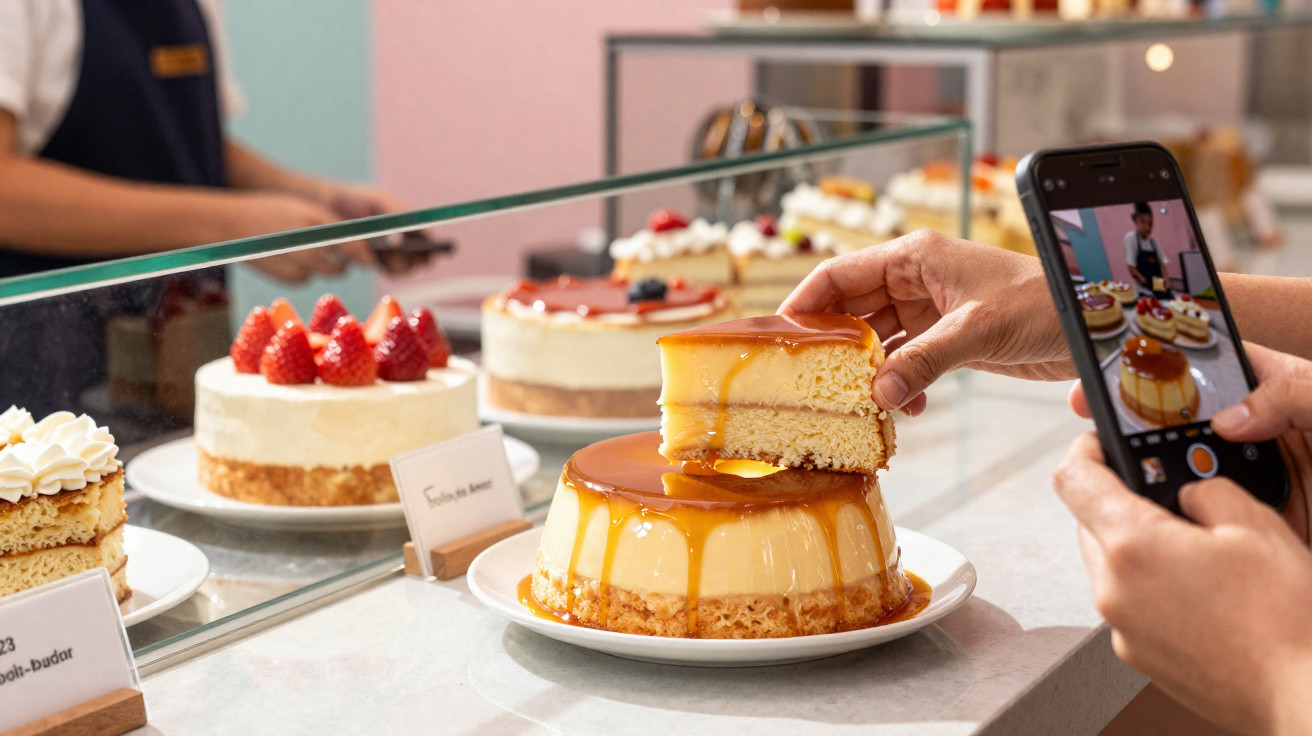 Pessoa fotografando fatia de bolo de pudim com calda caramelizada em vitrine de confeitaria.