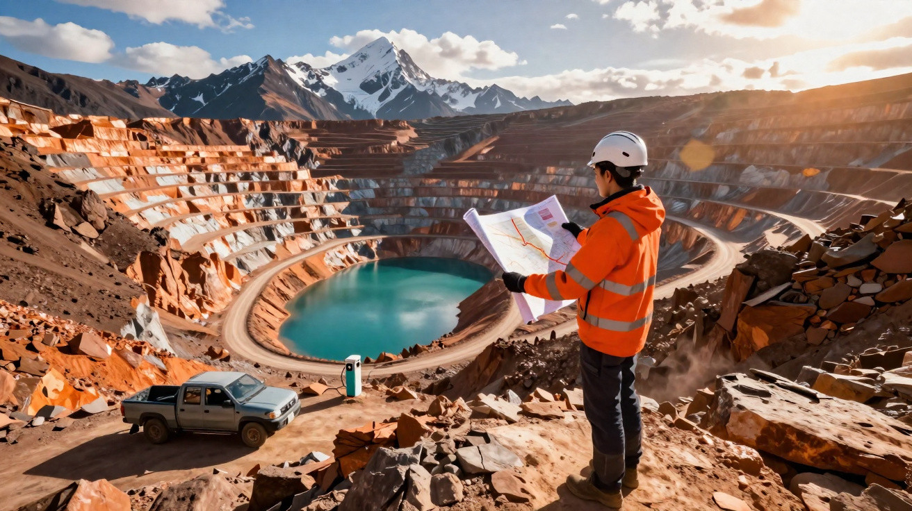 Engenheiro com capacete e colete laranja observa mapa em mineração a céu aberto com lago e montanhas ao fundo.