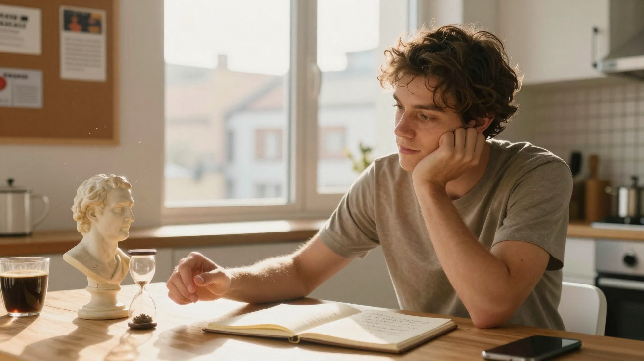 Jovem sentado à mesa com livro aberto, observando ampulheta em cozinha iluminada pela janela.