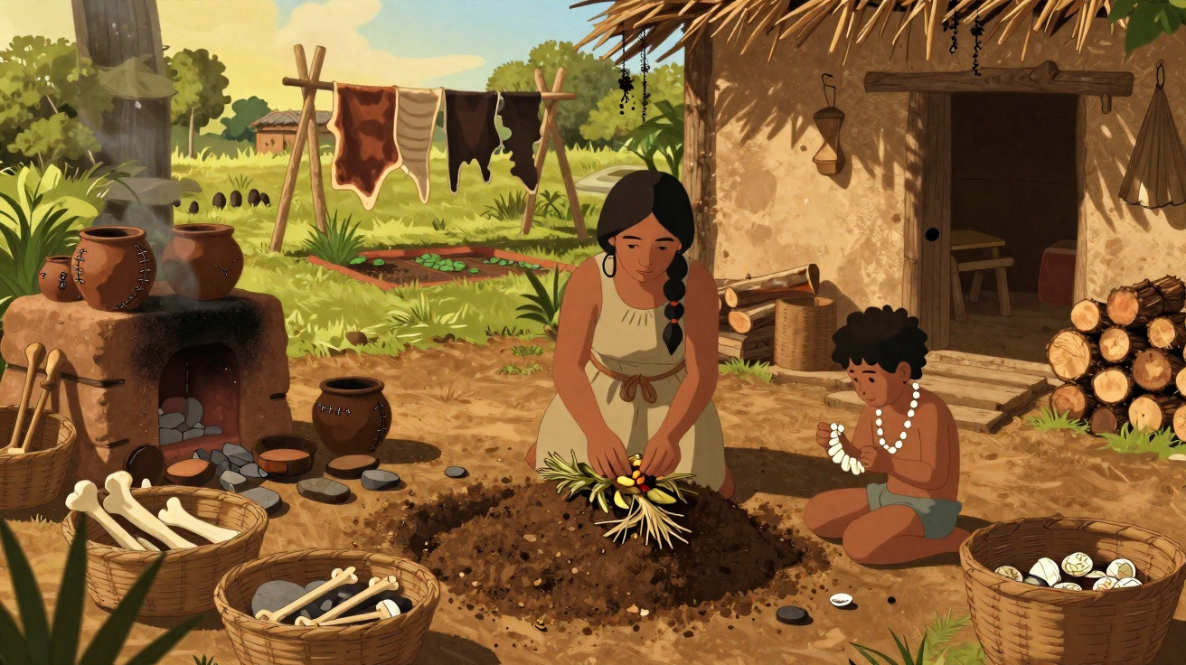 Mulher e criança indígenas sentados no chão, comendo e preparando alimentos em frente a uma casa rústica de barro.