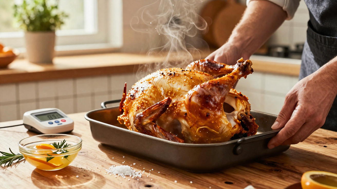 Frango assado fumegante em assadeira preta sendo retirado por duas mãos em cozinha iluminada.
