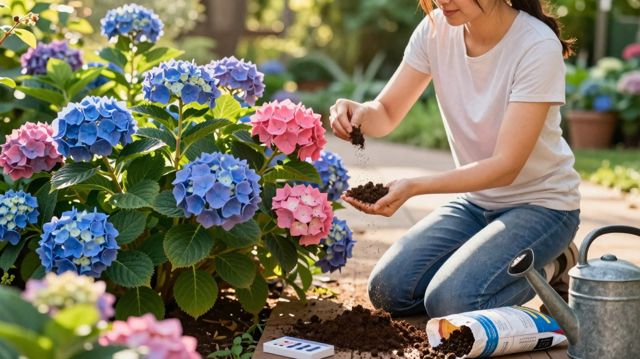 Mulher agachada cuidando de flores coloridas em jardim, com regador e fertilizante ao lado.