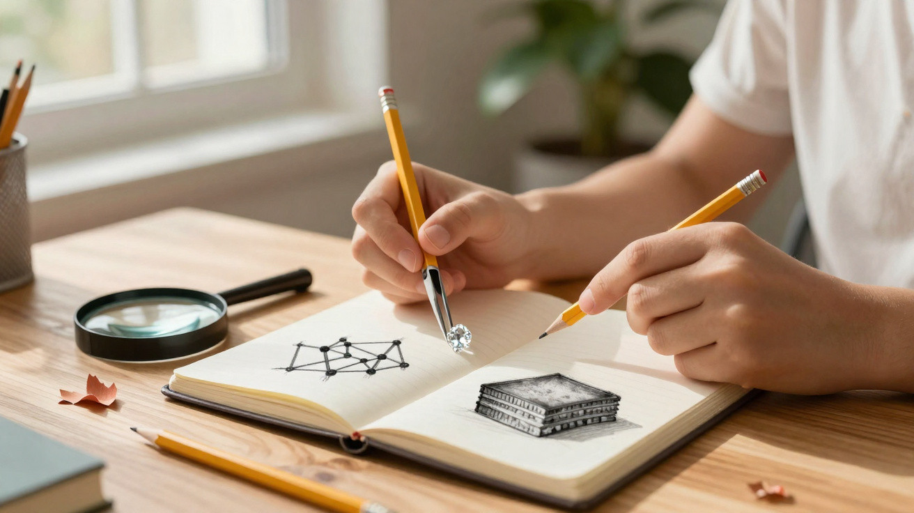 Pessoa desenhando esquemas científicos em caderno aberto com lápis em mesa de madeira clara.