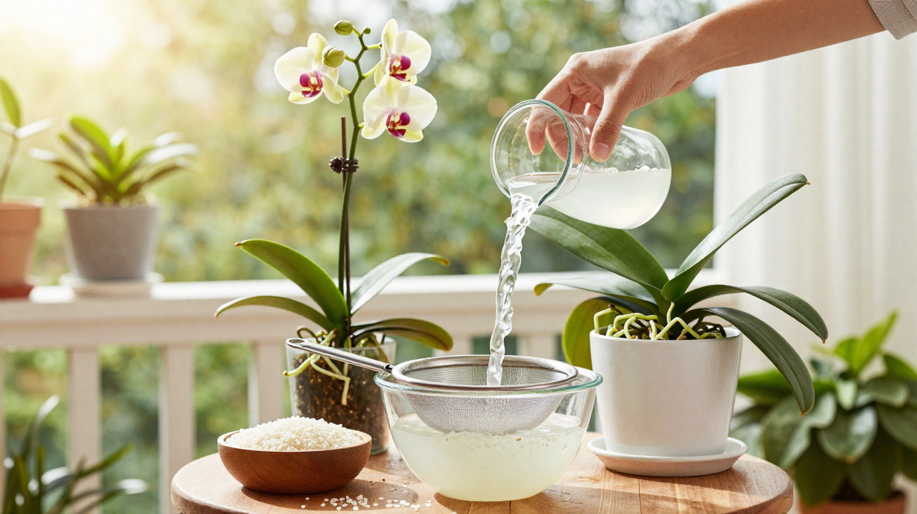 Pessoa coando água com arroz para regar orquídea branca em vaso branco sobre mesa de madeira.