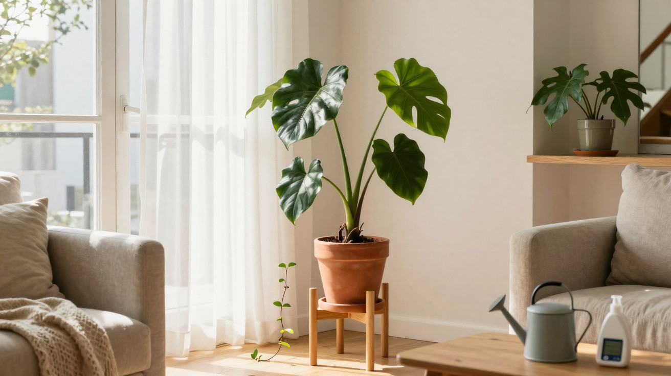 Planta verde em vaso de barro sobre suporte, entre dois sofás claros, com regador e ambiente iluminado.
