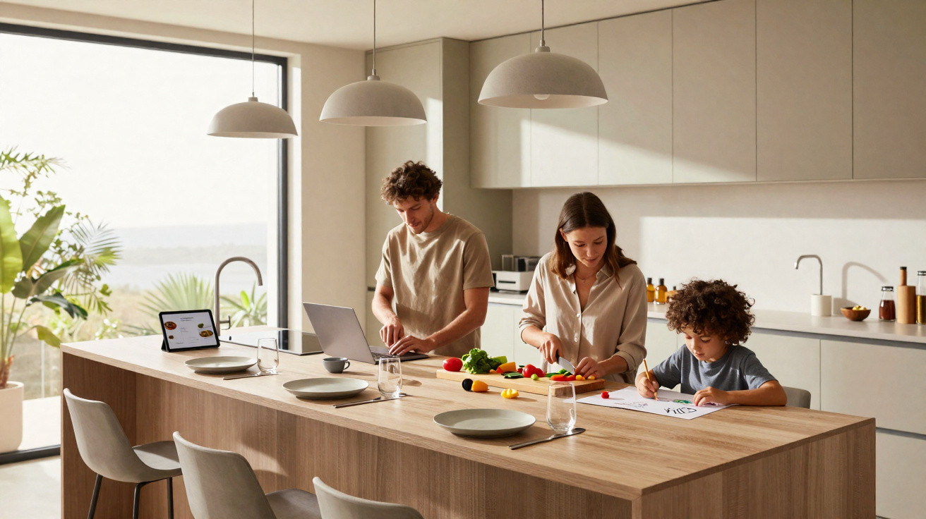 Família na cozinha moderna preparando alimentos e criança desenhando na bancada de madeira.