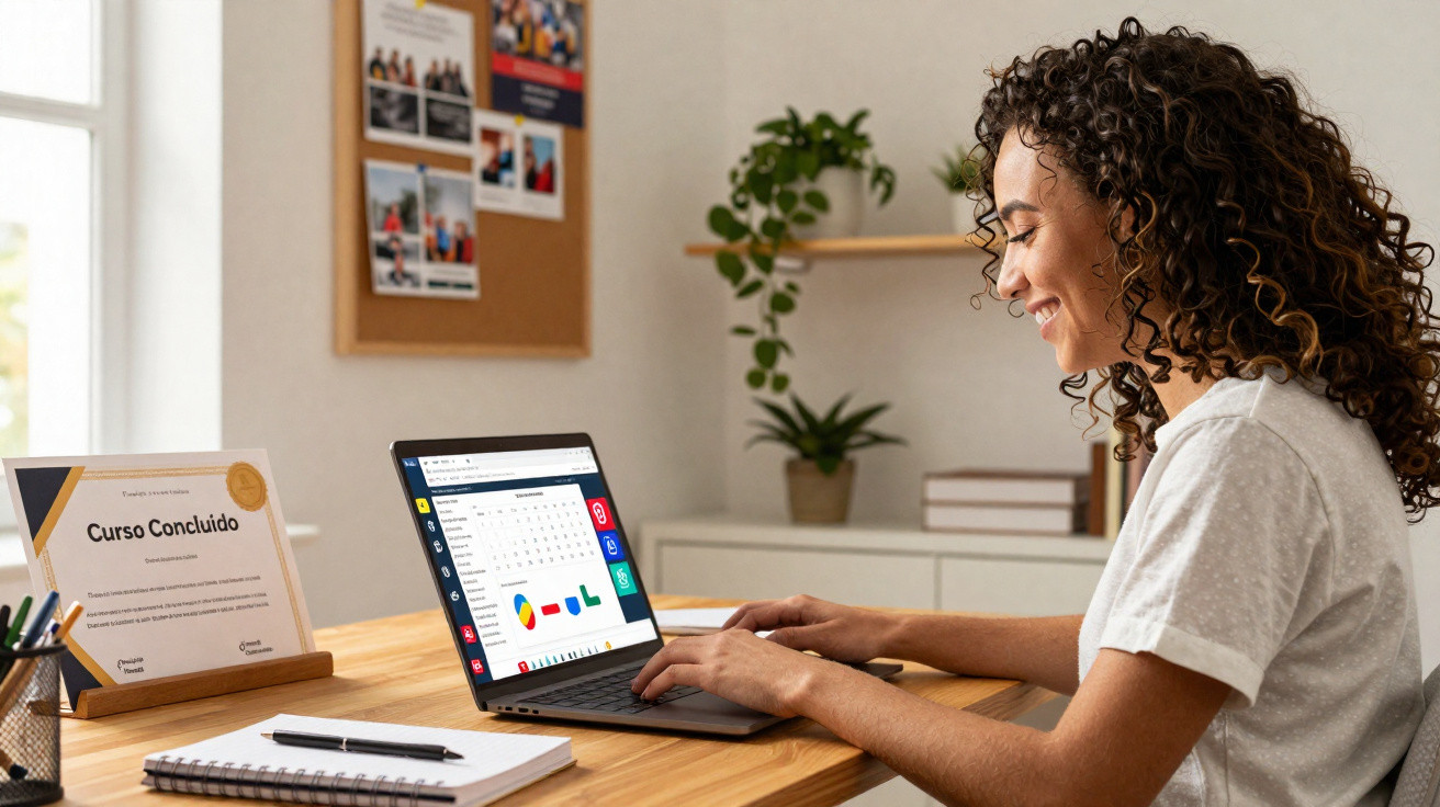 Mulher sorrindo usando laptop em mesa com certificado, bloco de notas e caneta ao lado.