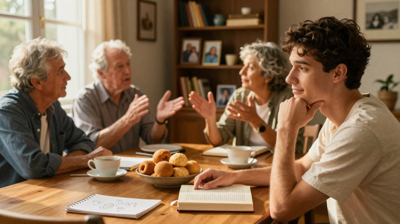 Jovem atento com livro sentado à mesa enquanto três idosos conversam animadamente em ambiente aconchegante.