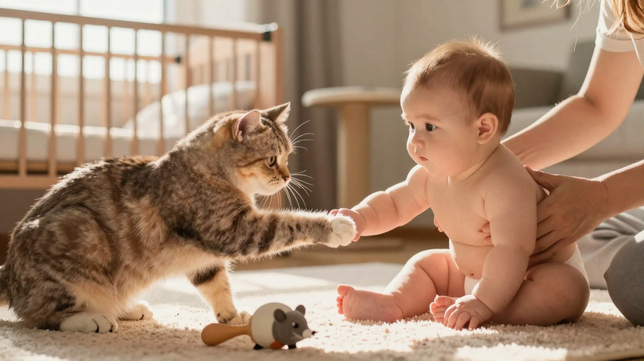 Bebê sentado segura a pata de um gato em um tapete claro com brinquedo de rato no chão.