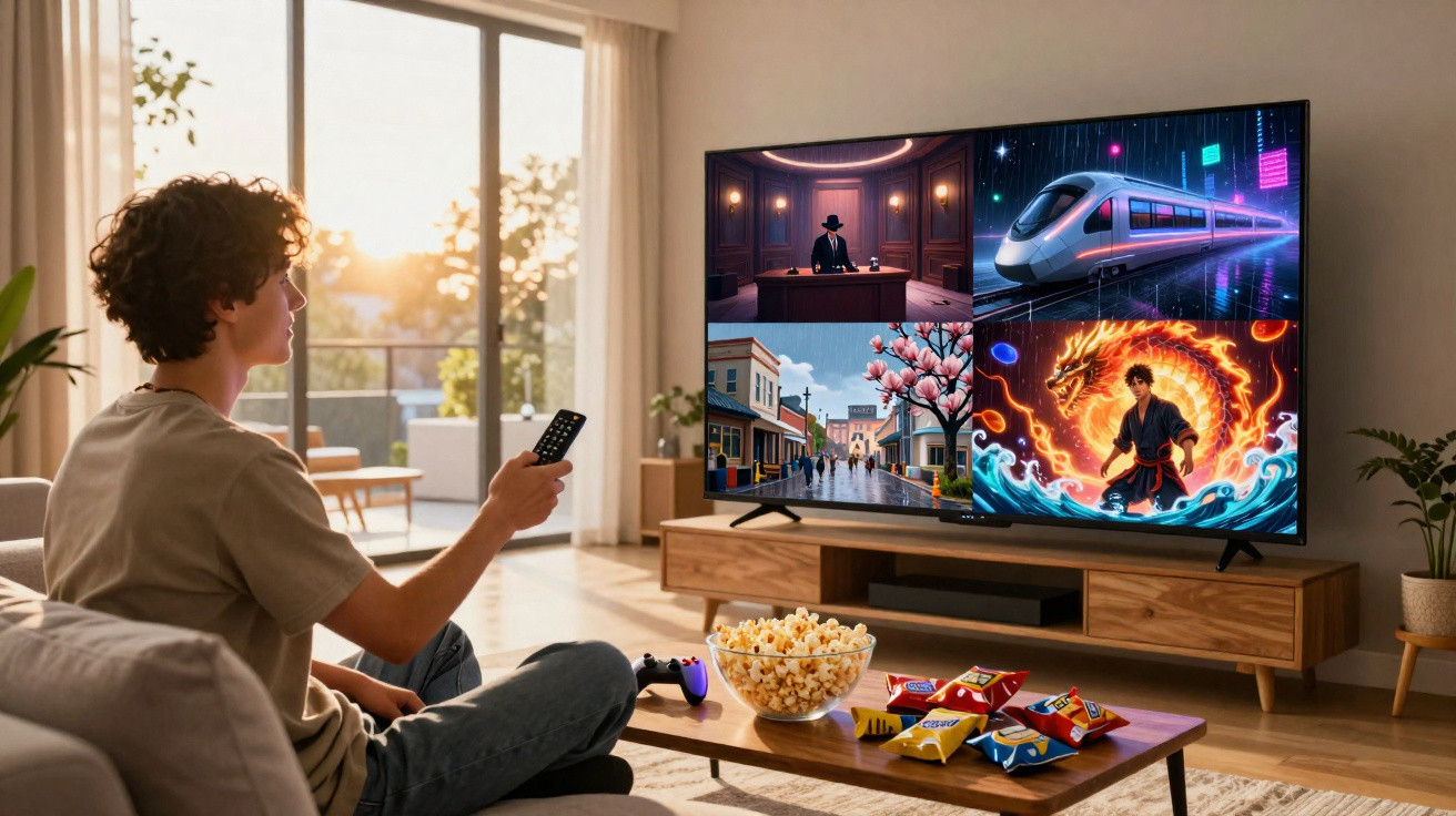 Jovem assistindo TV com controle na mão, com pipoca e salgadinhos em mesa na sala iluminada.
