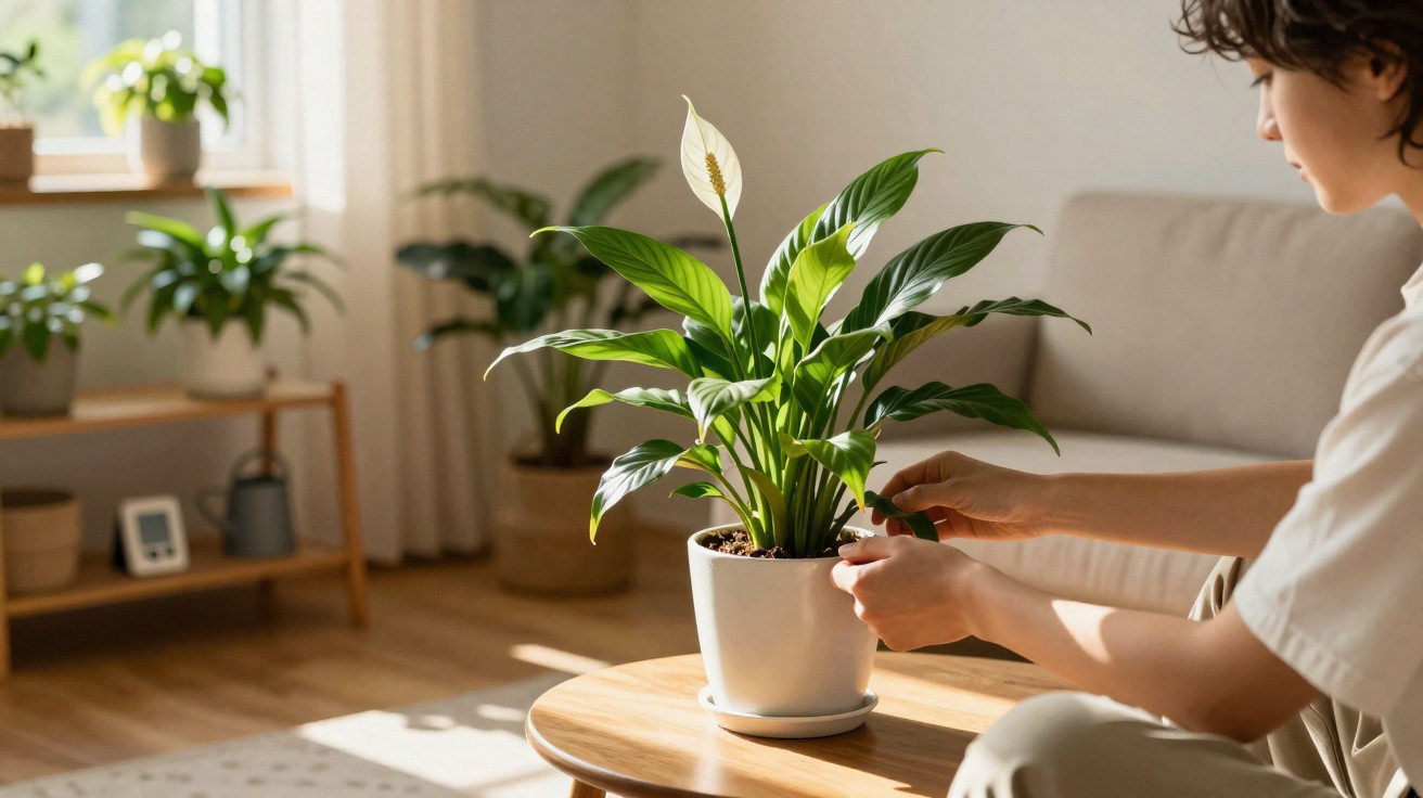Pessoa cuidando de planta em vaso branco sobre mesa de madeira em sala iluminada pela janela.