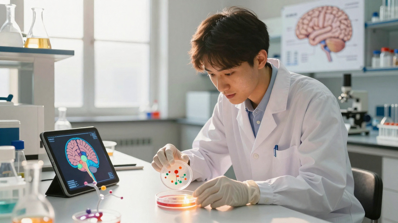 Cientista em laboratório analisa cultura em placa de Petri com estudo do cérebro ao fundo.
