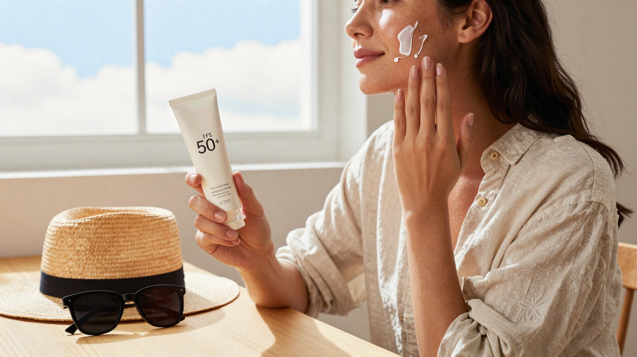 Mulher aplicando protetor solar facial FPS 50+ sentada à mesa com chapéu e óculos escuros.
