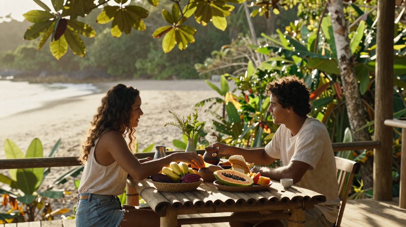 Casal jovem sentado em mesa de madeira com frutas, tomando café da manhã em varanda próxima à praia.