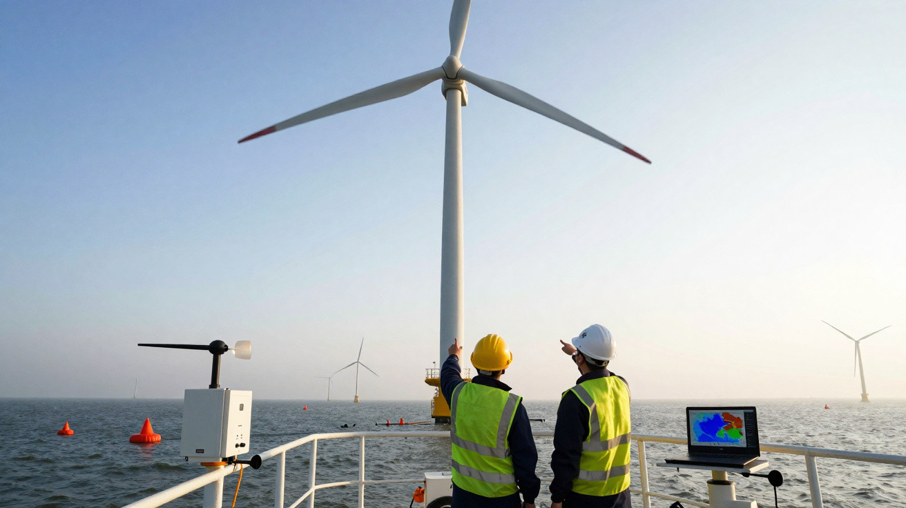 Dois técnicos em coletes e capacetes observam uma turbina eólica no mar em um dia claro.