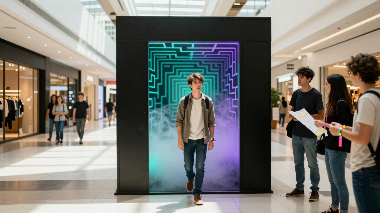 Jovem caminhando por portal futurista com luzes neon e fumaça em shopping, com grupo observando à direita.