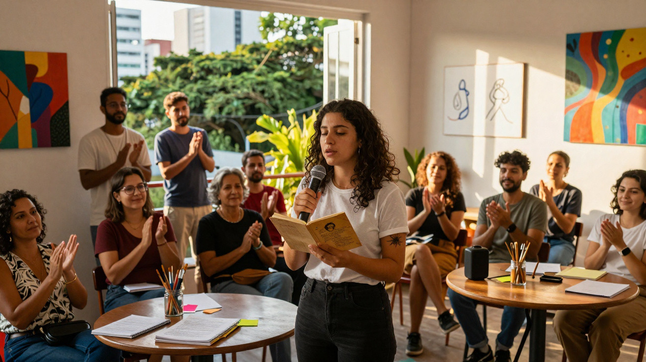 Mulher lê poema em microfone para grupo sentado que aplaude em ambiente claro com obras na parede.