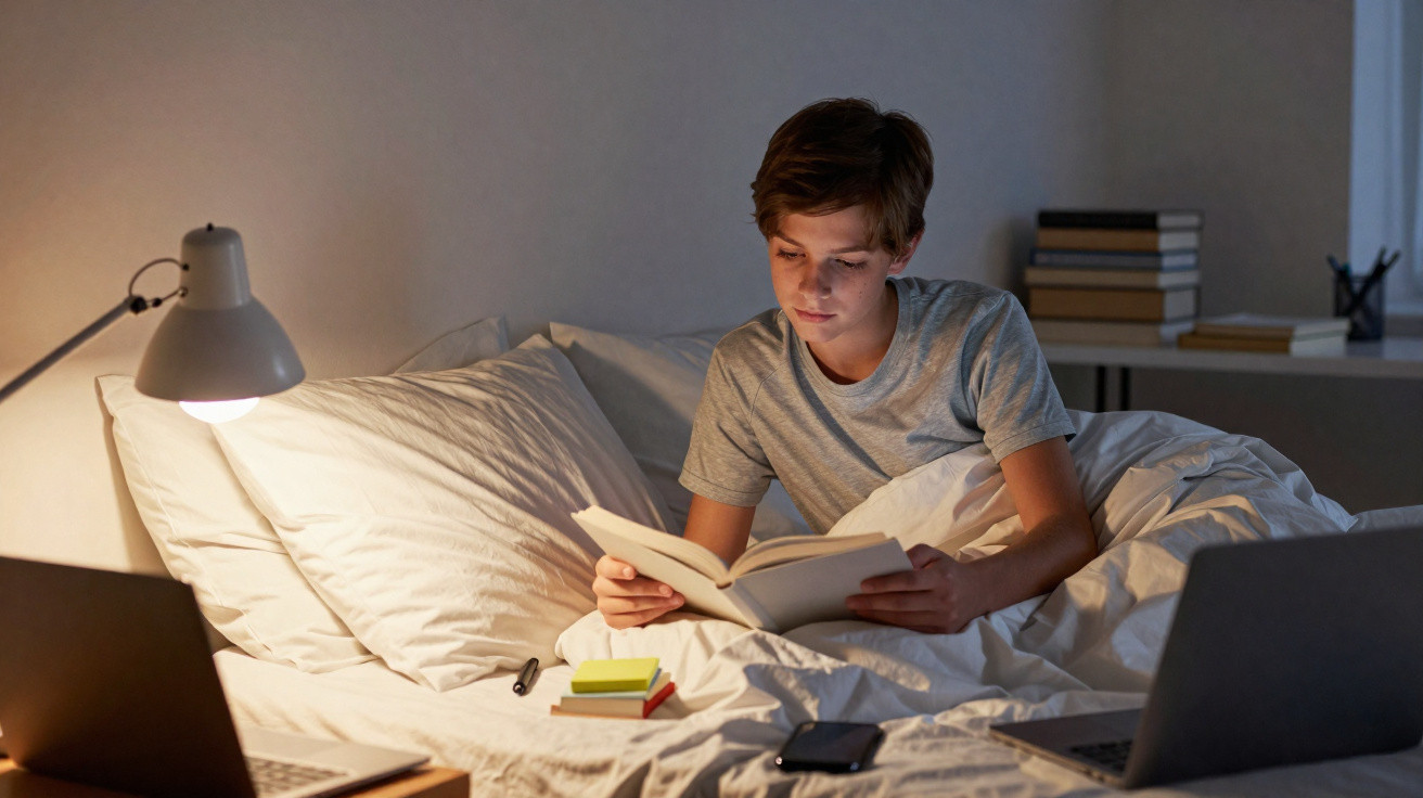 Adolescente lendo livro na cama à noite com luminária acesa e laptops ao redor.