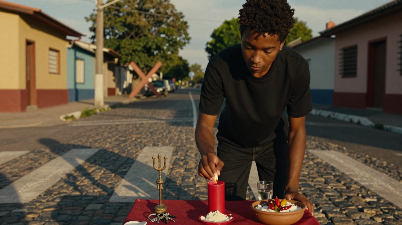 Jovem acendendo vela vermelha em mesa com objetos ritualísticos em rua de paralelepípedo, ao entardecer.